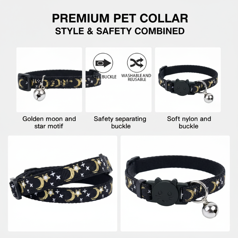 Adjustable starlight cat collar with breakaway buckle and AirTag holder