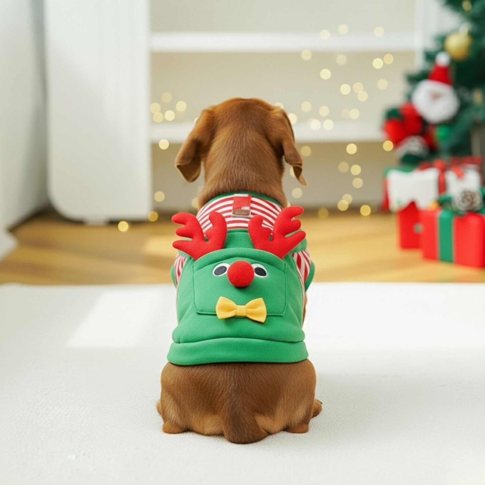 Plush festive dog pyjamas with elf design