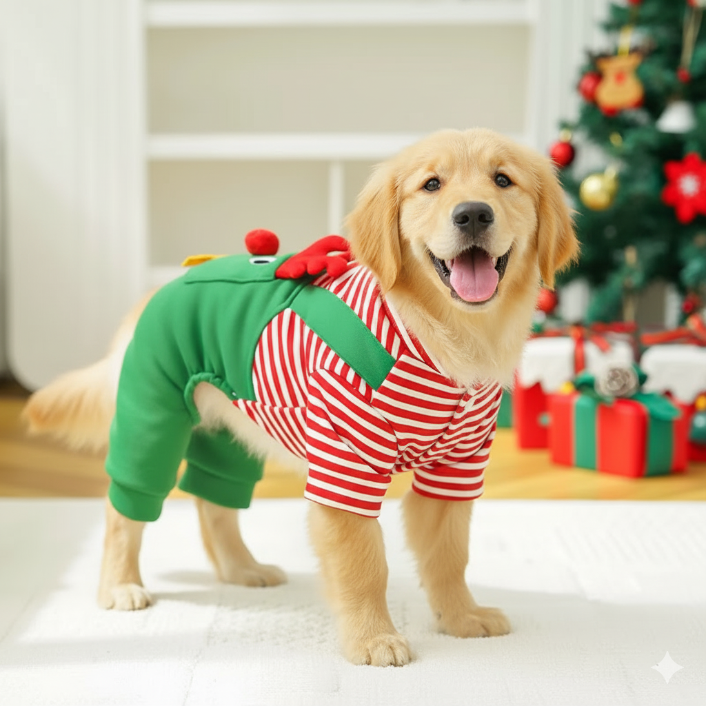 Small dog wearing red and green elf costume