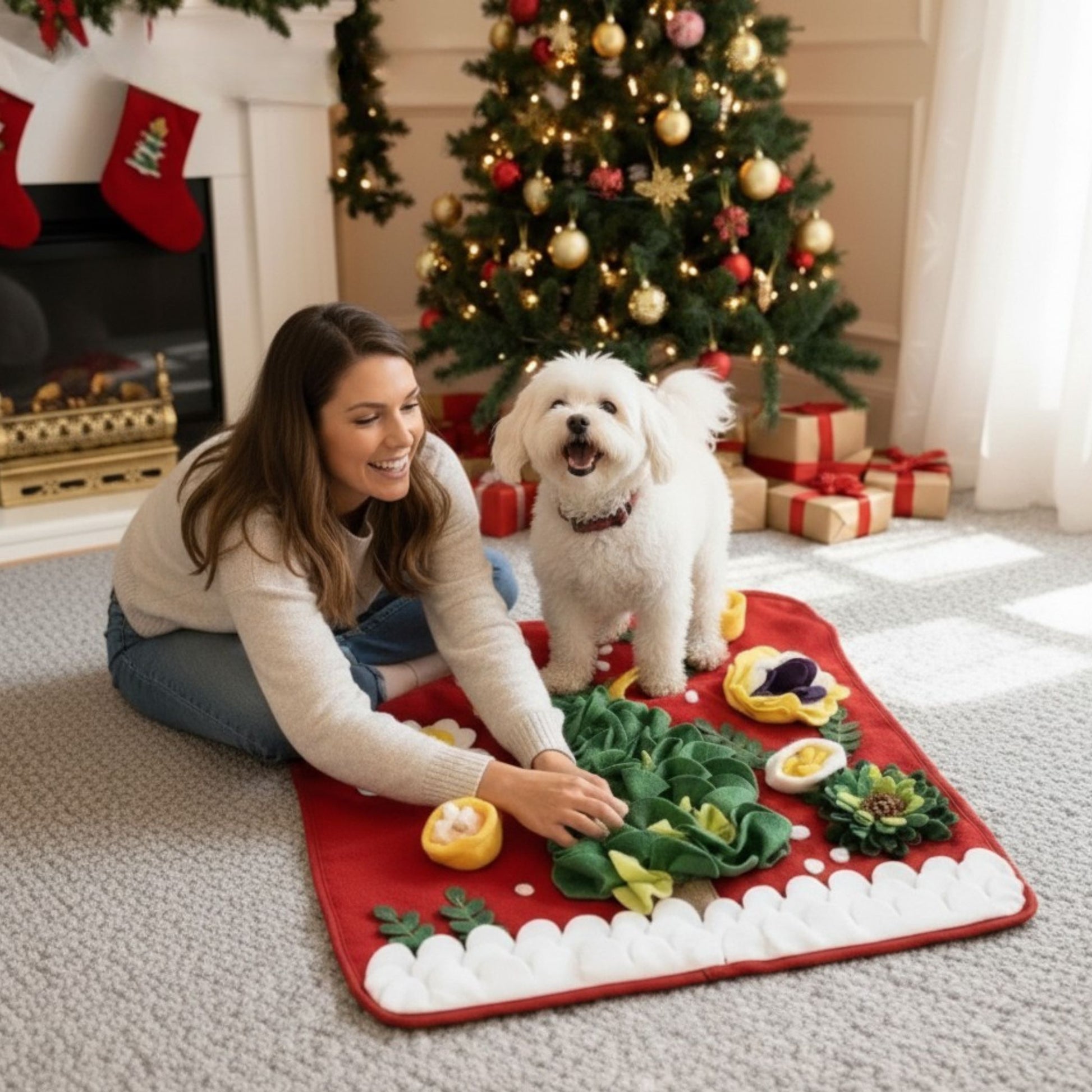 Festive snuffle mat for dogs with holiday colours and felt folds