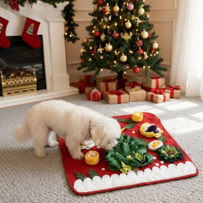 Dog using snuffle mat for nose work and slow feeding