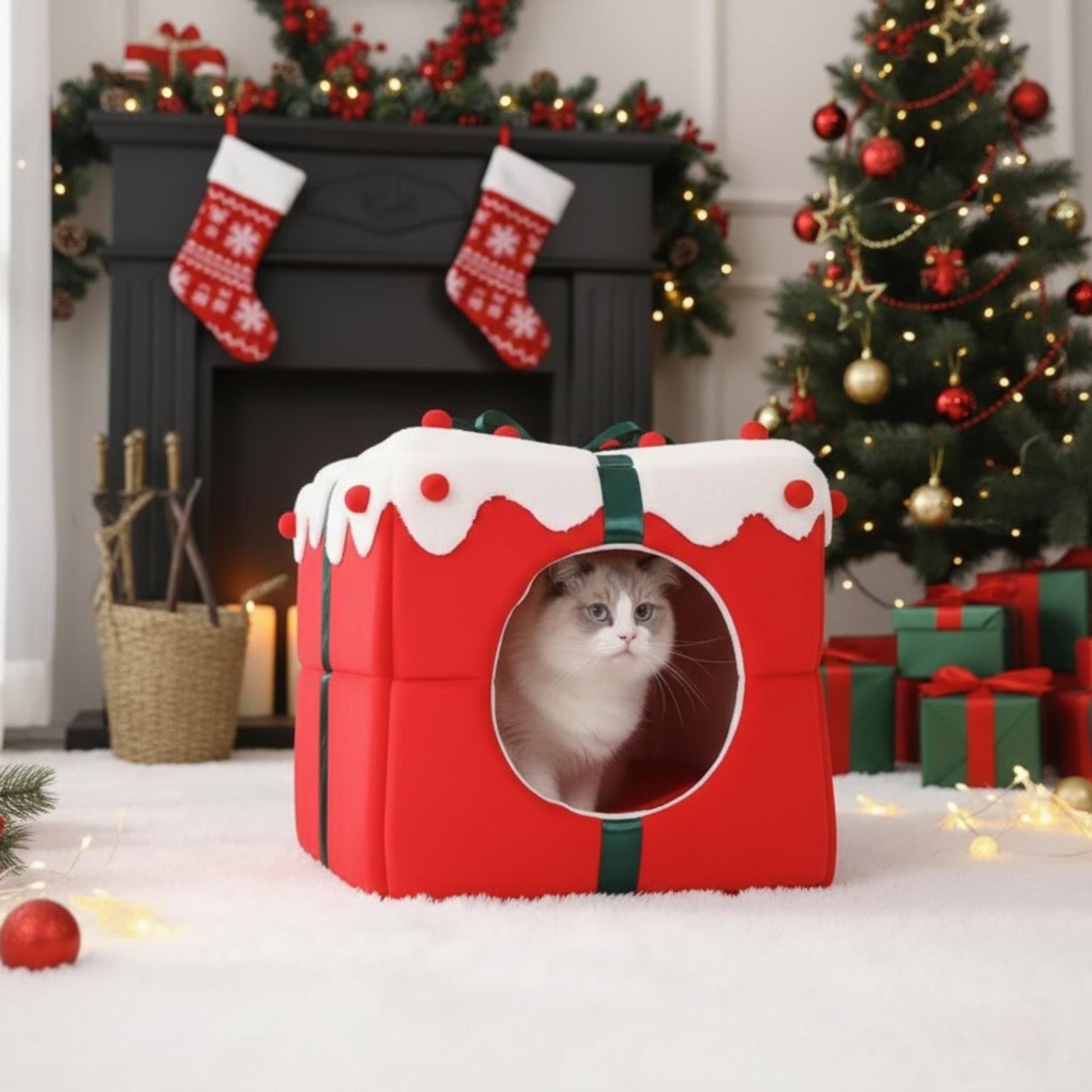 Christmas plush pet bed in gift-box design for cats and dogs