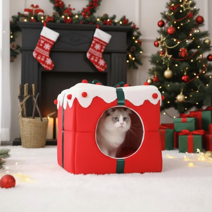 Christmas plush pet bed in gift-box design for cats and dogs
