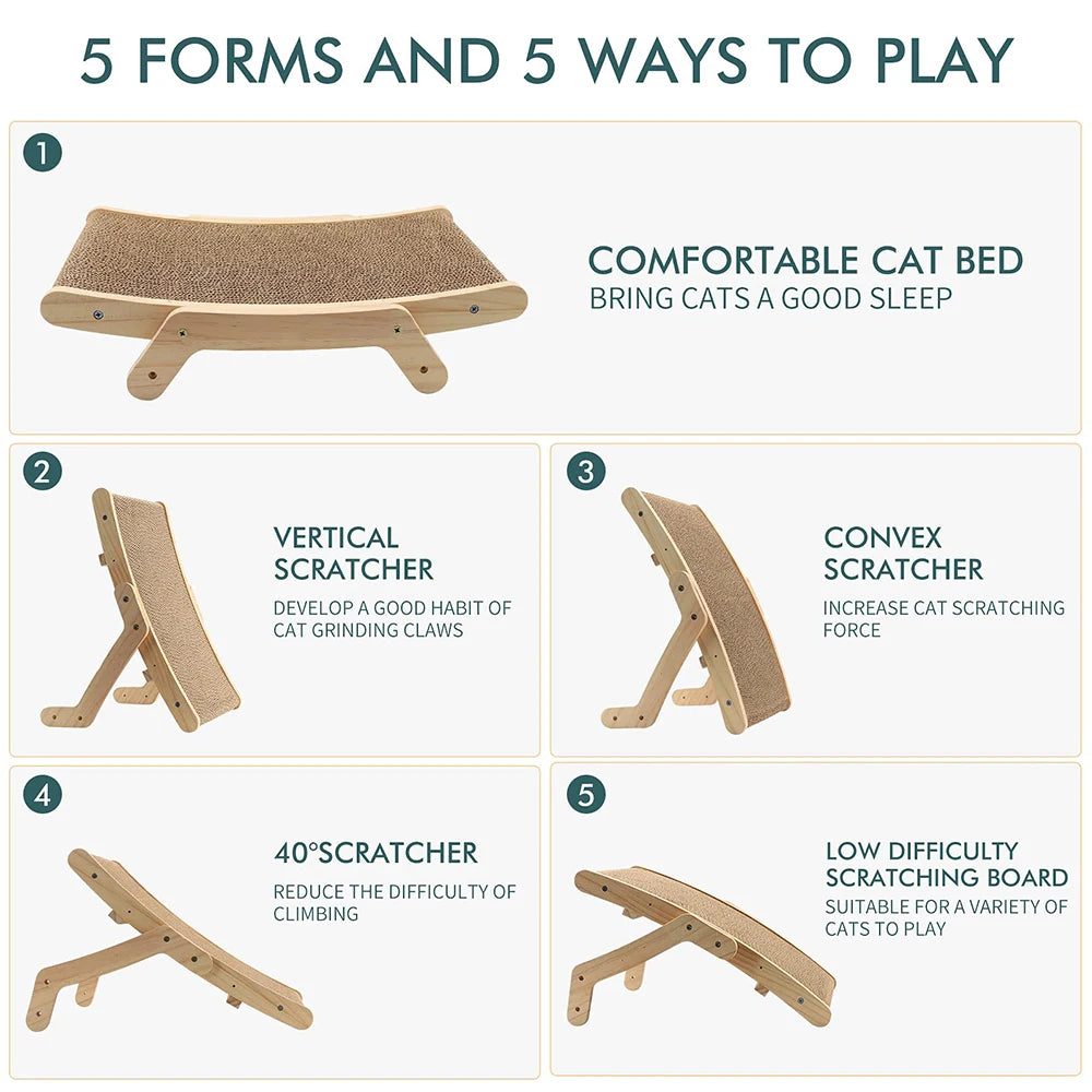 PurrPlay Wooden Cat Scratcher – 5-in-1 Reversible Bed & Toy