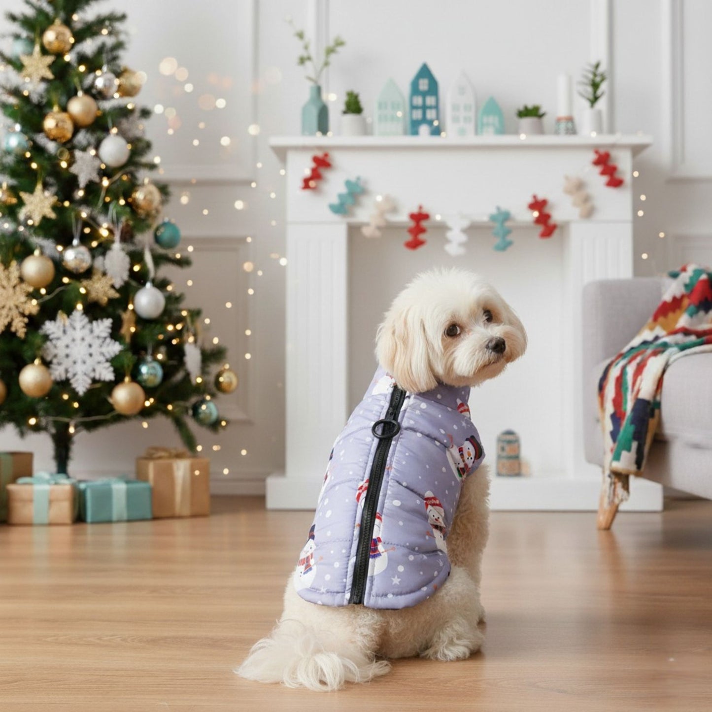 Small dog in plush holiday jacket with D-ring for leash – FofiPet