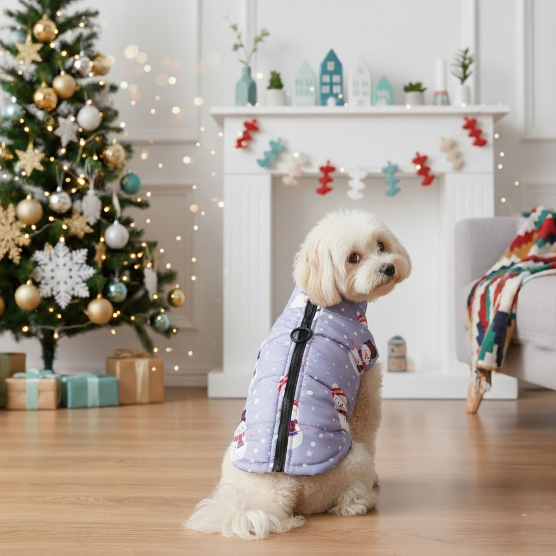 Small dog in plush holiday jacket with D-ring for leash – FofiPet